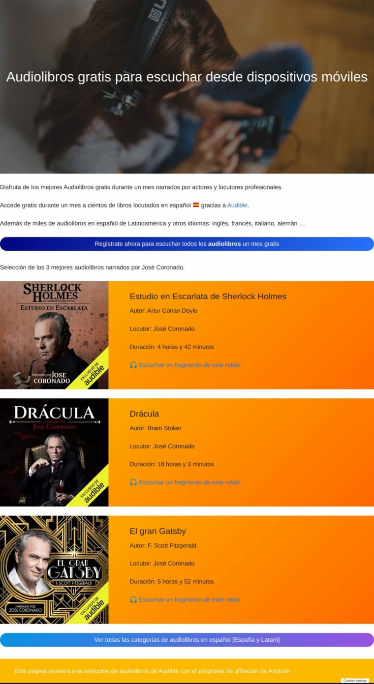 Captura de landin page para promocionar audiolibros de Audible