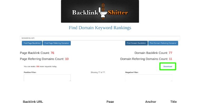 Listado de enlaces entrantes en la herramienta externa Backlink Shitter