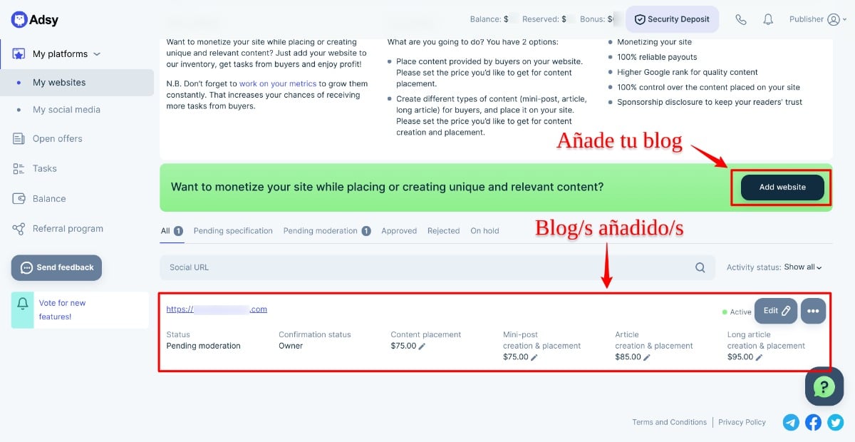 Añadir blogs para la venta de artículos patrocinados en Adsy