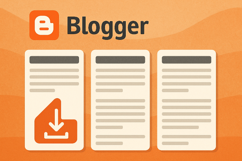 Imagen digital en formato 16:9 que representa un diseño clásico de Blogger con tres columnas verticales sobre un fondo naranja con texturas suaves. En la parte superior izquierda aparece el logotipo de Blogger, seguido del título "Blogger" en tipografía moderna. Cada columna simula una entrada o widget con texto simulado y una estructura clara, destacando la funcionalidad de un blog organizado por secciones o bloques de contenido.