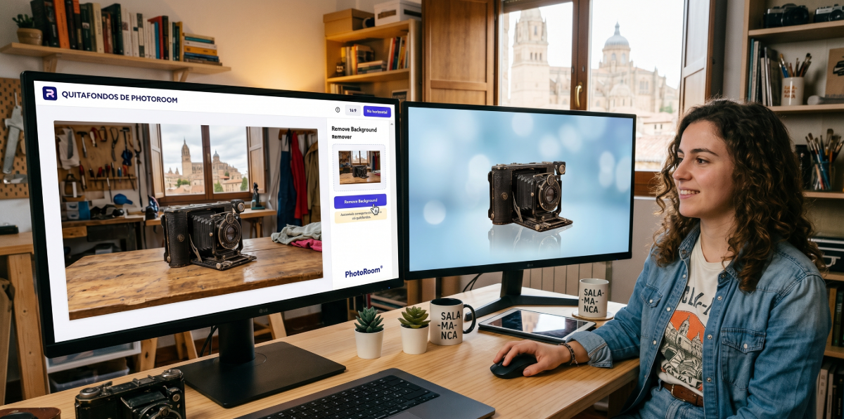 Una creadora digital utilizando la herramienta online Quitafondos de PhotoRoom en un ordenador con dos monitores para recortar una cámara vintage.